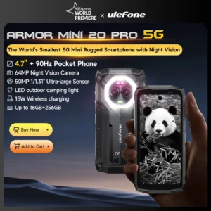 Ulefone Armor Mini 20 Pro 5G Téléphone robuste avec écran de 4,7 pouces Caméra nocturne 64MP Lumière LED polyvalente Smartphone Android 14 6200mAh 16GBRAM（8+8）256GB ROM 33W