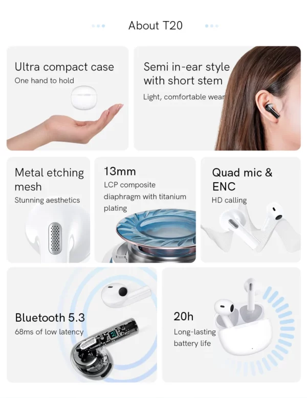 QCY-Écouteurs sans fil Bluetooth 5.3 TWS T20, oreillettes à faible latence de 68ms, 13mm, casque HIFI, 4 micros, appel ENC HD, nouveau – Image 9