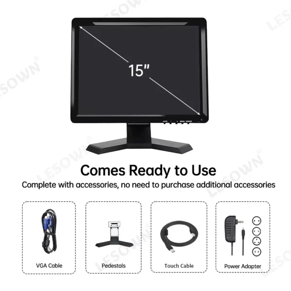 LESOWN 15 pouces petit moniteur PC 1024x768 4:3 300cd/m2 écran tactile industriel écran tactile en option pour caméra de sécurité CCTV PC – Image 15