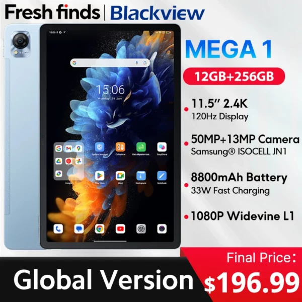 Blackview MEGA 1 tablettes 11.5 "2.4K 120Hz affichage 50MP caméra 12GB 256GB 8800mAh 33W charge Widevine L1 Android Pad PC
