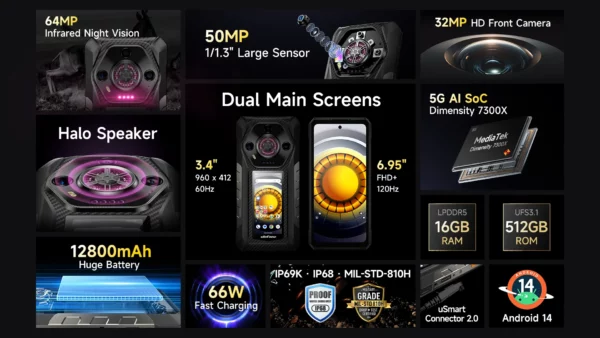 【Première mondiale】Ulefone Armor 30 Pro 5G Téléphone robuste Android 14 Smartphone 6,9" 120Hz 32GB+512GB 12800mAh Caméra nocturne 64MP NFC MTK Dimensity 7300X 66W Téléphone portable – Image 14