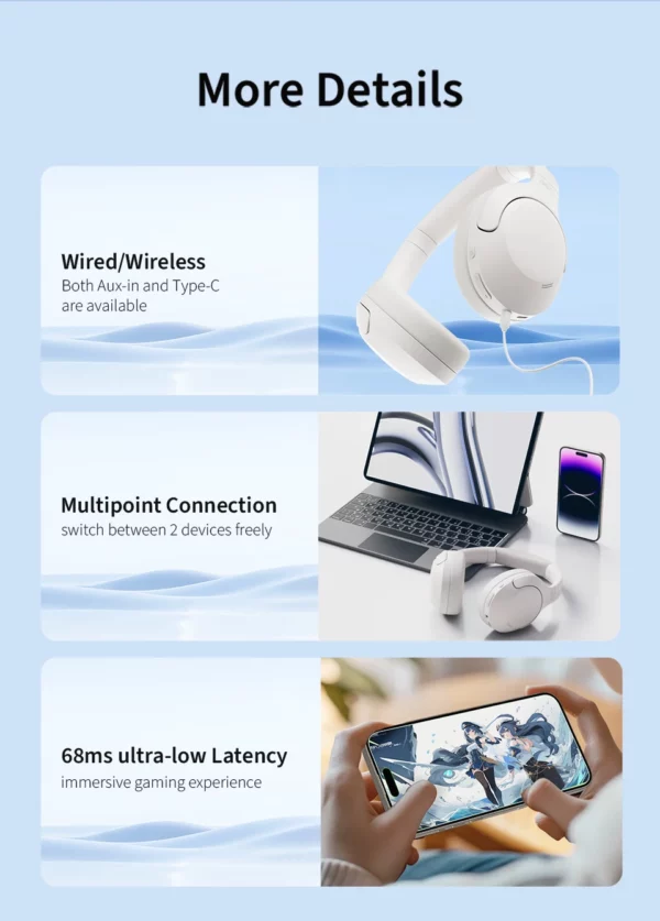 QCY-Écouteurs sans fil et filaires H3 Lite ANC, Bluetooth 5.3, casque supra-auriculaire pliable, son HIFI, 60 heures de lecture, écouteurs pour touristes allergiques – Image 21