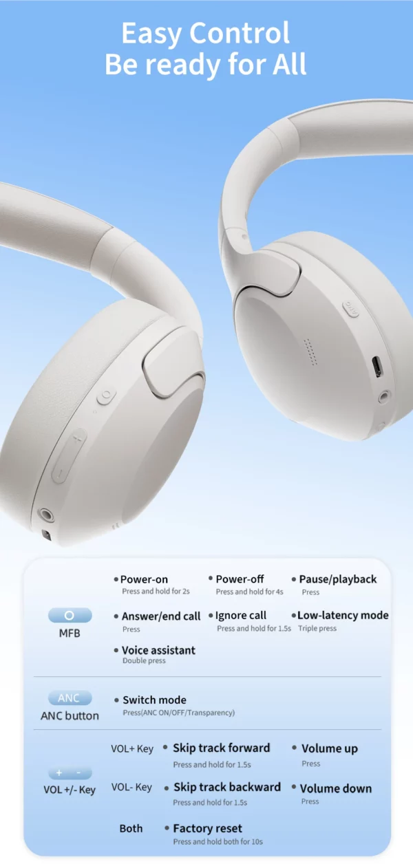 QCY-Écouteurs sans fil et filaires H3 Lite ANC, Bluetooth 5.3, casque supra-auriculaire pliable, son HIFI, 60 heures de lecture, écouteurs pour touristes allergiques – Image 22