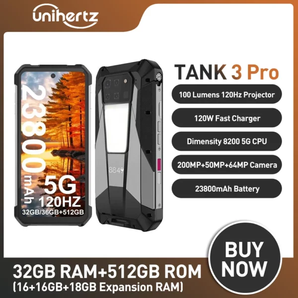 8849 Tank 3 Pro par Unihertz 5G projecteur robuste téléphone 23800mAh 512GB ROM téléphones mobiles 200MP 120W chargeur OTG Smartphone Android