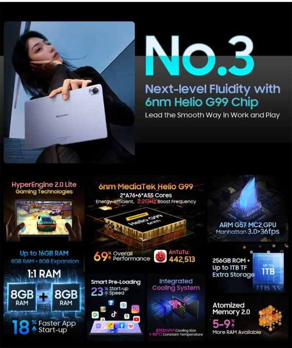 Blackview MEGA 1 tablettes 11.5 "2.4K 120Hz affichage 50MP caméra 12GB 256GB 8800mAh 33W charge Widevine L1 Android Pad PC – Image 39