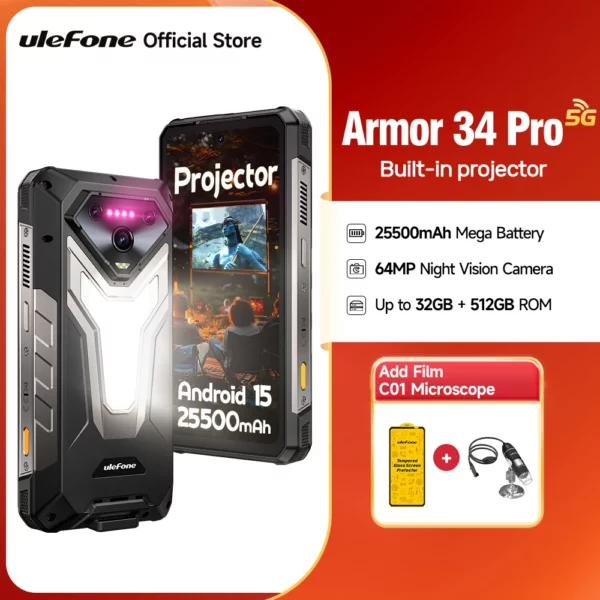 Ulefone Armor 34 Pro 5G AI 25500mAh téléphone robuste Smartphone Android 15 32GB + 512GB projecteur DLP intégré 6.95 "NFC téléphone portable – Image 9