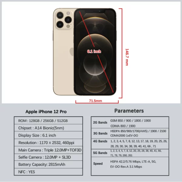 Apple iPhone 12 Pro 12pro 128/256/512GB ROM 6.1 "cellule d'origine OLED RAM 6GB A14 Bionic IOS Face ID NFC débloqué 5G téléphone portable – Image 2
