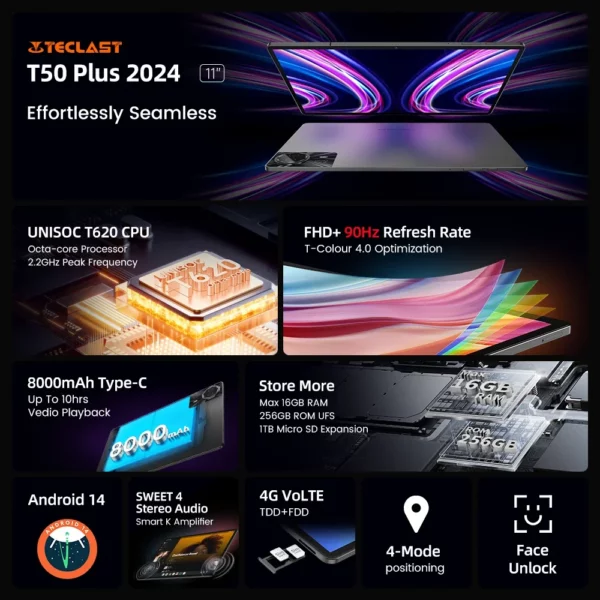 Tablette Teclast T50 Plus Android 14, 11 pouces, 2K, 90Hz, haute rafraîchissement, 6 go + 256 go, UNISOC T620, batterie 8000mAh, caméra 8MP + 13MP, languette 4G – Image 2