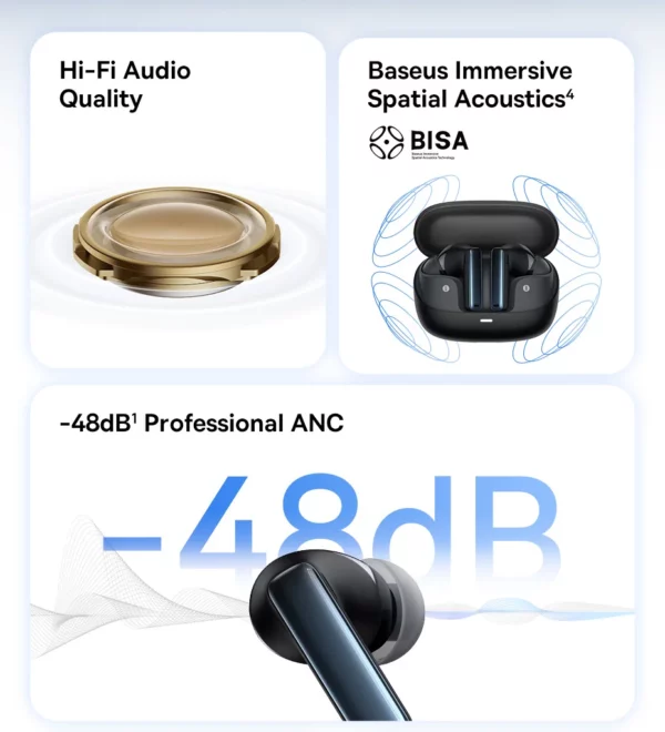 Baseus Bowie M2s -48dB ANC écouteurs sans fil Bluetooth 5.3 casque Audio spatial 3D qualité HiFi 0.038 "écouteurs à faible latence – Image 12