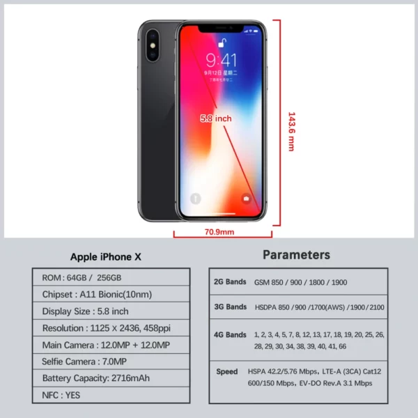 Apple iPhone X 64GB 256GB ROM 5.8 "Original OLED Face ID A11 Hexa Core débloqué 4G LTE téléphone portable iPhone X – Image 2