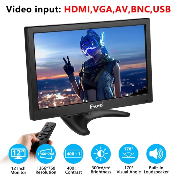 Eyoyo-Petit moniteur de bureau, écran de sécurité CCTV LCD 12 ", résolution 1366x768, haut-parleurs touristes, VGA, BNC, AV, entrées USB – Image 7