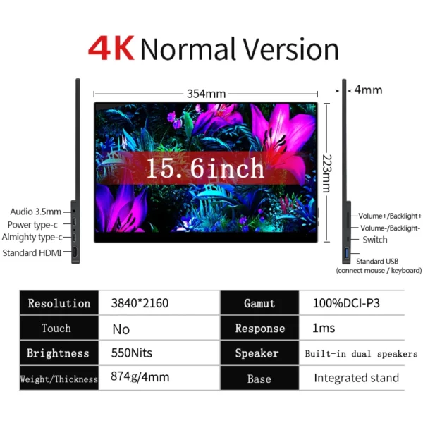 Moniteur Portable à écran tactile OLED 4K de 15.6 / 13 pouces, 550Nit USB-C, moniteur de jeu externe Compatible HDMI pour ordinateur Portable Xbox Switch – Image 8