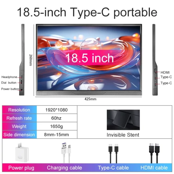 Moniteur Portable de 18.5 pouces, écran étendu, affichage de jeu intelligent pour PC, ordinateur Portable, téléphone, Xbox, PS4, PS5, commutateur, Support type-c, HDMI – Image 7