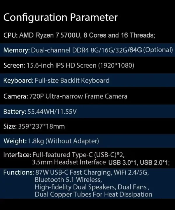 Ordinateur portable Ultrabook Metal Game, ordinateur portable, Max RAM 64 Go, Max 4 To SSD, 2.4G, 5.0G, Bluetooth, AMD Ryzen 7 5700U, Windows 10 11 – Image 20