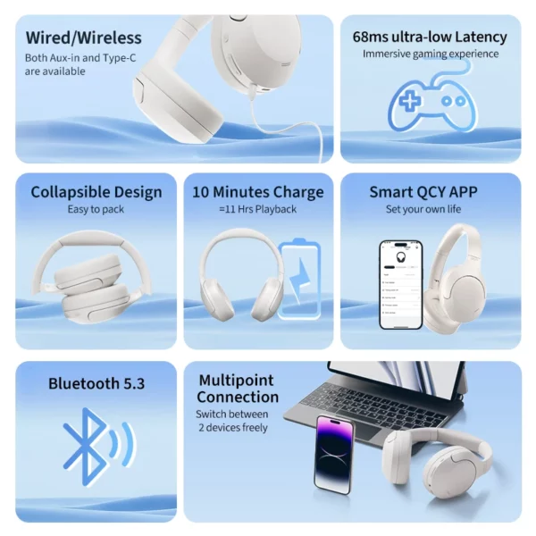 QCY-Écouteurs sans fil et filaires H3 Lite ANC, Bluetooth 5.3, casque supra-auriculaire pliable, son HIFI, 60 heures de lecture, écouteurs pour touristes allergiques – Image 5