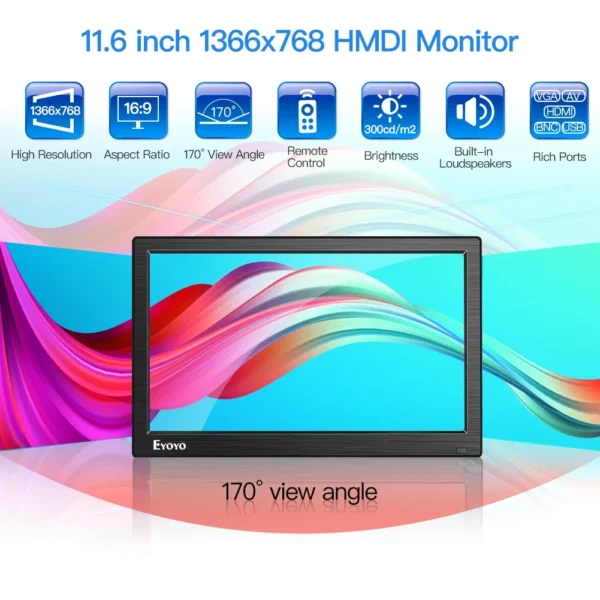 Eyoyo-Petit moniteur de bureau, écran de sécurité CCTV LCD 12 ", résolution 1366x768, haut-parleurs touristes, VGA, BNC, AV, entrées USB – Image 9