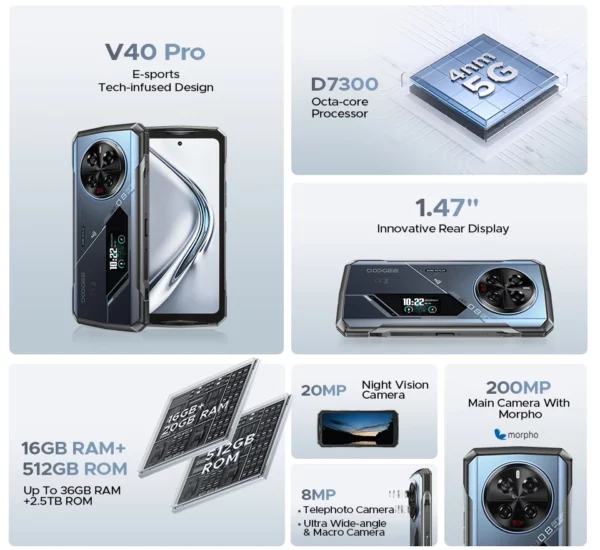 DOOGEE V40 Pro 5G téléphone robuste 6.78 "16GB + 512GB téléphones de jeu dimension 7300 200MP AI caméra 8680mAh Android 14 – Image 10