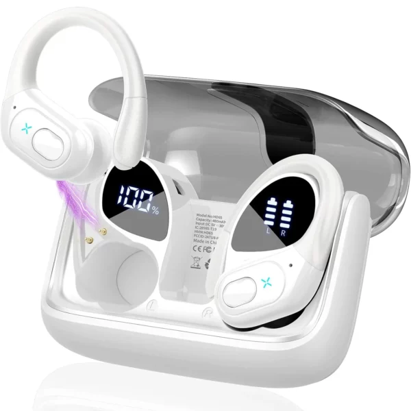 Écouteurs Bluetooth de sport, étanches IPX7, sans fil, 75 heures de musique, avec micro, affichage de puissance LED, crochet d'oreille souple, oreillettes TWS