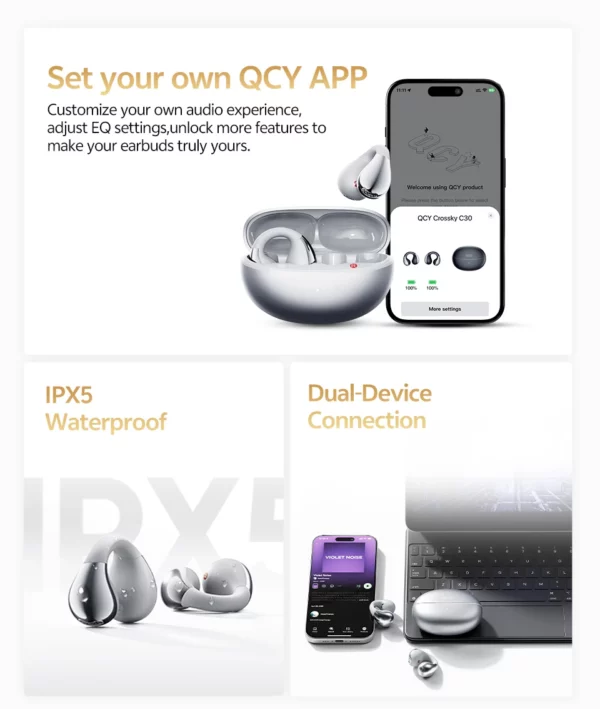 QCY Crossky C30S écouteurs sans fil à oreille ouverte haute résolution avec LDAC écouteurs à pince Bluetooth 6.0 Clip sur OWS casque de sport 40 heures – Image 39
