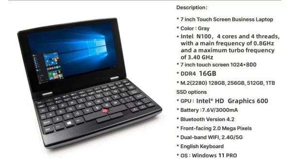 2025 Mini ordinateur Portable Micro ordinateur 7 pouces écran tactile Intel N100 16GB + 512GB IPS Netbook Win 11 Pro PC 2.0MP CAM – Image 8