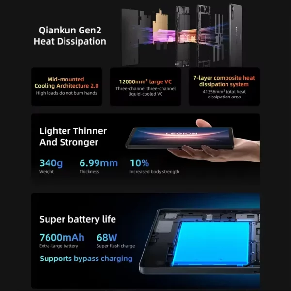 CN Lenovo légion Y700 tablette Gen 4 Snapdragon 8 Elite 165Hz écran LCD 7600mAh batterie Android WiFi 8.8 pouces 3040*1904P 12G 16G – Image 4