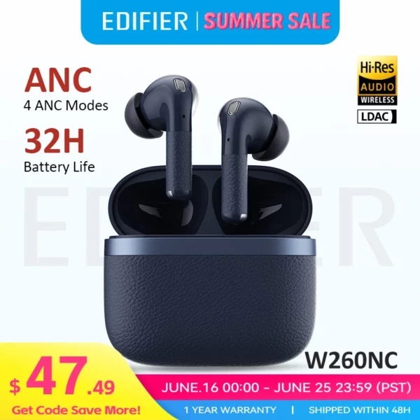 Edifier W260NC ANC Écouteurs TWS antibruit Bluetooth 5.3 Écouteurs sans fil haute résolution avec LDAC, 32 heures, connexion multiple