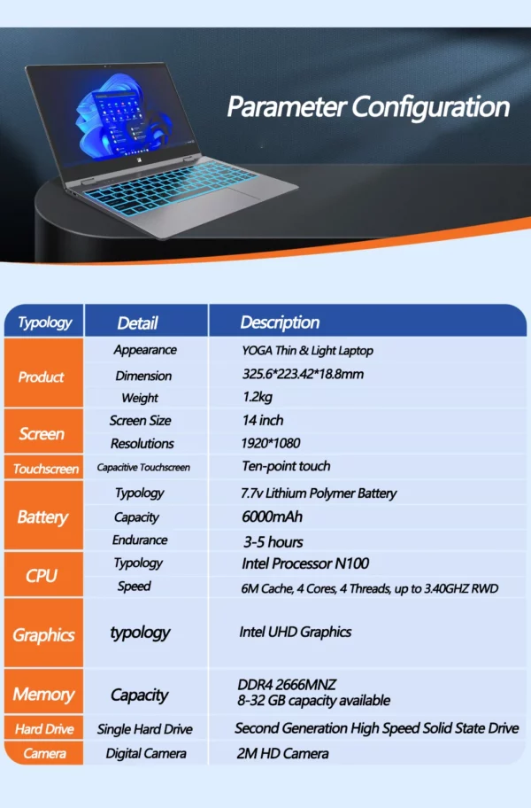 Processeur Intel N100 14 pouces 32 go DDR4 2 to SSD mince ordinateur portable YOGA 6000 mAh tablette 2-en-1 1920*1080 écran tactile 360 °   Bureau rabattable – Image 8