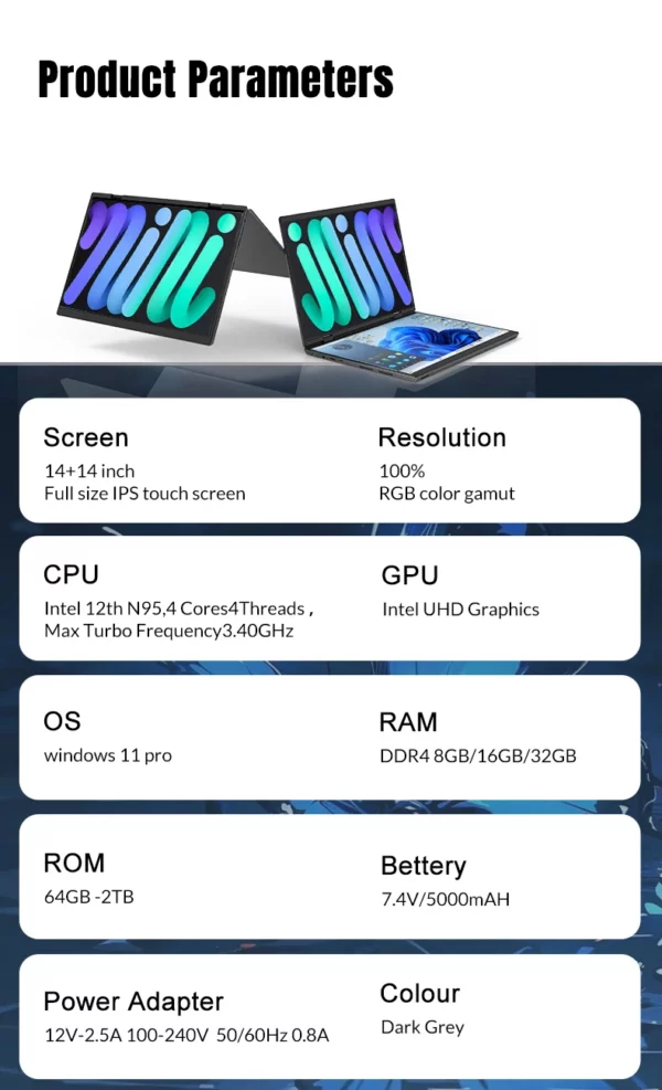 Crelander double écran ordinateur portable 14 + 14 pouces 2K écran tactile ordinateur portable Intel N95 CPU 360 degrés Flip Metal Shell 2 en 1 ordinateur portable – Image 19