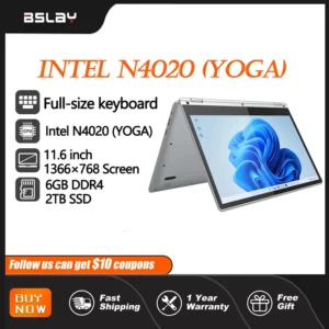 Ordinateur portable 11,6 pouces Intel Celeron N4020 360 °   Flips Écran tactile pour caméra HD 6 Go DDR4 2 To SSD 4500 mAH 2,8 GHz Tablette légère