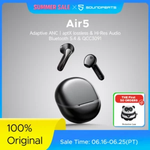 SoundPEATS-Écouteurs sans fil Air5 ANC Bluetooth 5.4, audio haute résolution, aptX lossless,CVC V8.0,6MIC AI, réduction du bruit des appels, IPX5