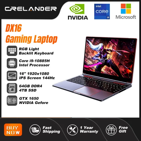 Ordinateur portable de jeu crelander 16,1 pouces Intel Core i9 10e génération NVIDIA Graphics GTX 1650 IPS écran 144hz ordinateur portable de jeu