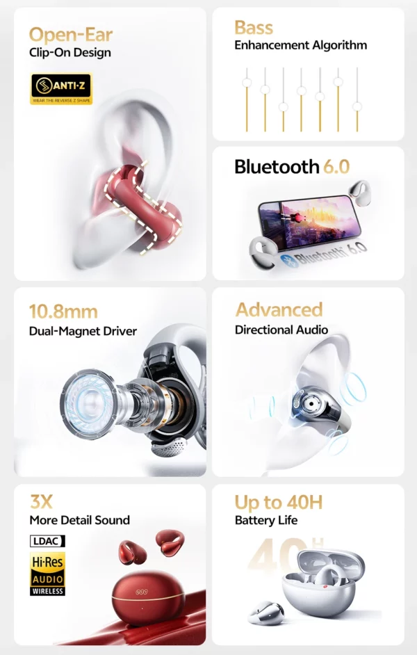 QCY Crossky C30S écouteurs sans fil à oreille ouverte haute résolution avec LDAC écouteurs à pince Bluetooth 6.0 Clip sur OWS casque de sport 40 heures – Image 29