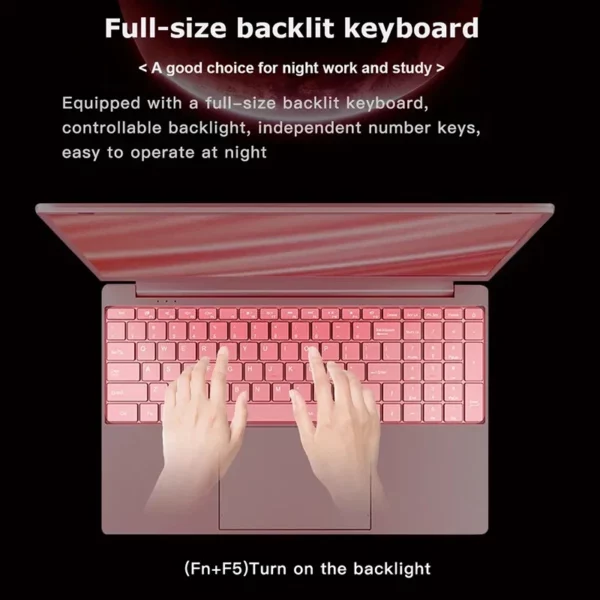Ordinateur portable rose glamour 15,6" : Windows 11 Office Education, Intel Celeron N5095, 16 Go de RAM, SSD 1 To, double WiFi et lunette ultra-étroite – Image 3