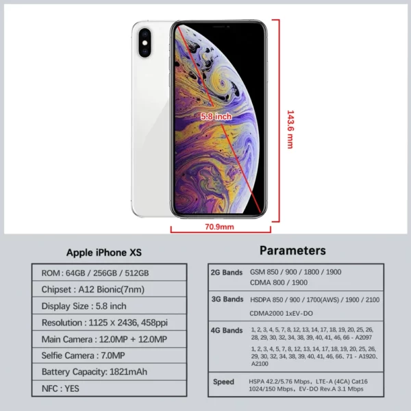 Apple-iPhone XS Téléphone portable d'occasion débloqué, Face ID, 5.8 ", 4G Permanence, A12, 4G RAM, 64 Go, 256 Go, 512 Go, Dean, Hexa Core, Original – Image 2