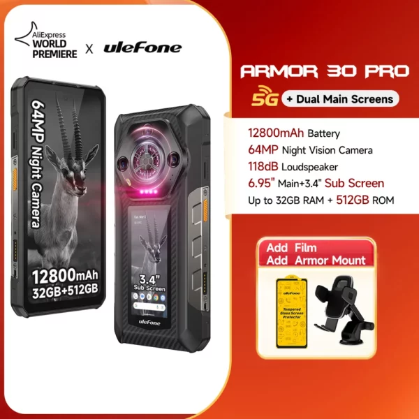 【Première mondiale】Ulefone Armor 30 Pro 5G Téléphone robuste Android 14 Smartphone 6,9" 120Hz 32GB+512GB 12800mAh Caméra nocturne 64MP NFC MTK Dimensity 7300X 66W Téléphone portable – Image 10