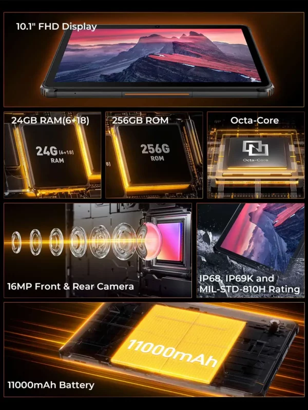 Oukitel RT9 tablette robuste tablette robuste 10.1 "écran HD 24GB RAM 256GB tablette étanche 11000mAh batterie Android 14.0 tablette PC – Image 9