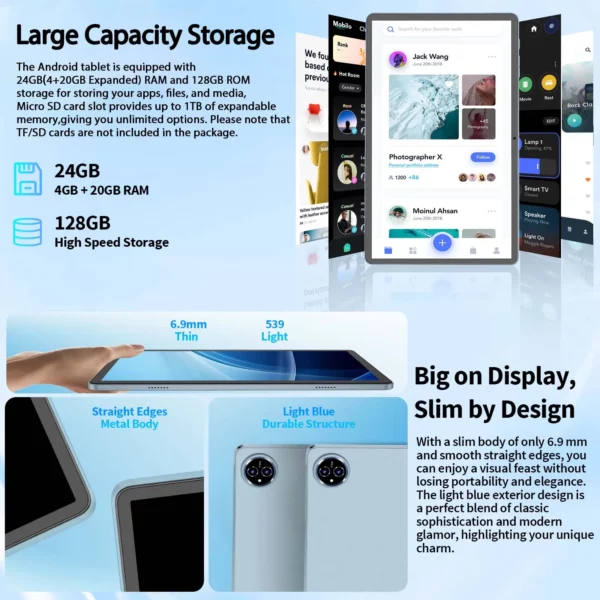 Relndoo nouvelle tablette 11 pouces Android 15, processeur T615, 24 Go(4 + 20 élargi) RAM + 128 Go ROM, WIFI, 5MP + 13MP, GPS, BT 5.0, Type C – Image 5