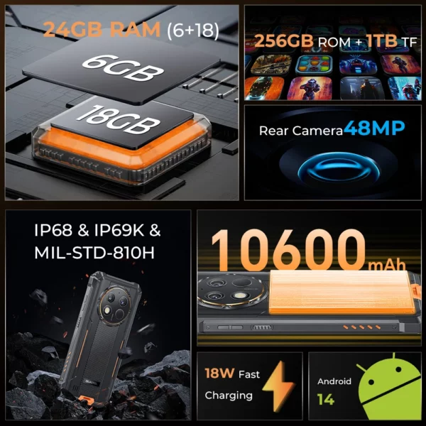 Oukitel-Smartphone G1 robuste, Android 6.52, en effet, 10600mAh, 24 Go + 256 Go, téléphone portable robuste, Android14, appareil photo 48MP HD + – Image 2