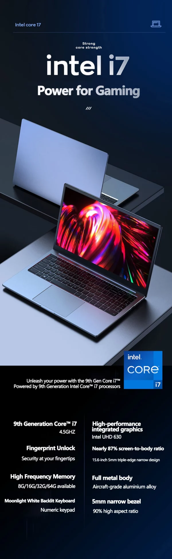 Ordinateur portable de jeu 15.6 pouces Intel Core I7-9750H 64GB RAM 2TB SSD DDR4 Win 11 5000mAH HD déverrouiller l'empreintes digitales ordinateur portable – Image 8