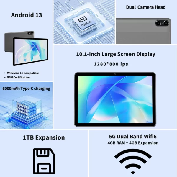 ITOM-Tablette Android 13 de 10 Pouces avec Wifi 6, 8(4 + 4) Go + 64 Go + 1 To, Haut-Parleurs et Appareil Photo, BTpig, Style Mécanique C – Image 5