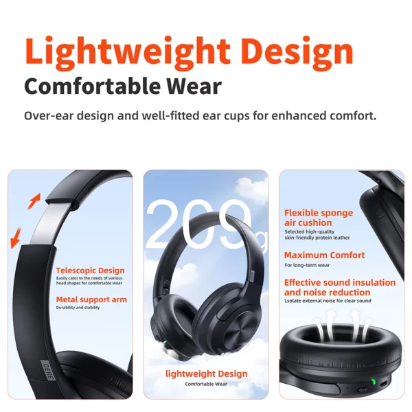 Casque sans fil QERE E80 écouteur bluetooth 5.3 ANC suppression du bruit Audio haute résolution sur l'oreille casque 70H 40mm Driver2.4G – Image 4