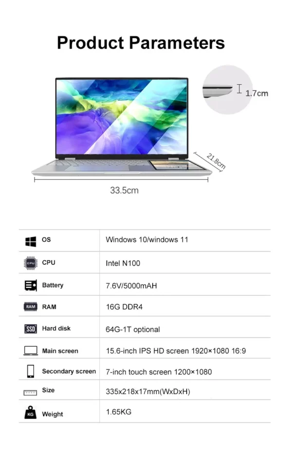 Crelnader double écran ordinateur portable 7 pouces écran tactile boîtier métallique RGB rétro - éclairage empreintes digitales déverrouiller la fenêtre 11 Ultra - mince ordinateur portable – Image 18