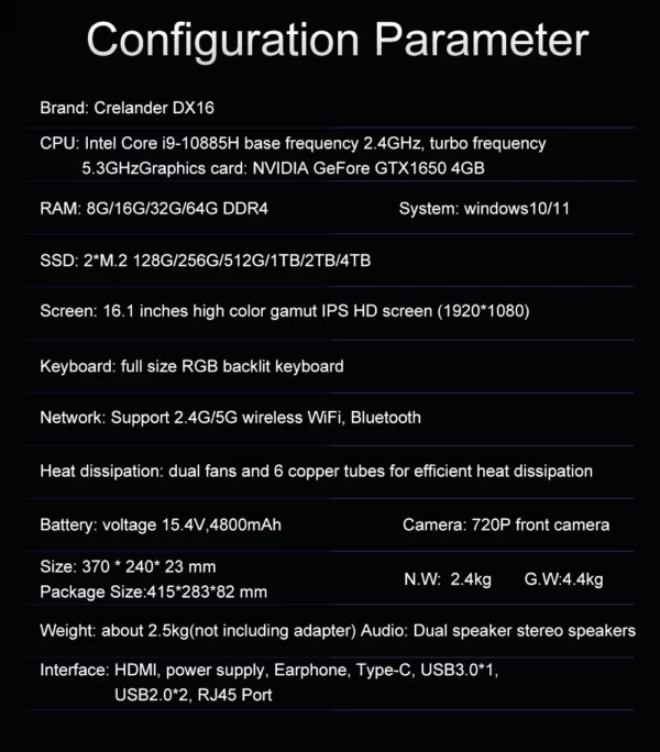 Ordinateur portable de jeu crelander 16,1 pouces Intel Core i9 10e génération NVIDIA Graphics GTX 1650 IPS écran 144hz ordinateur portable de jeu – Image 24