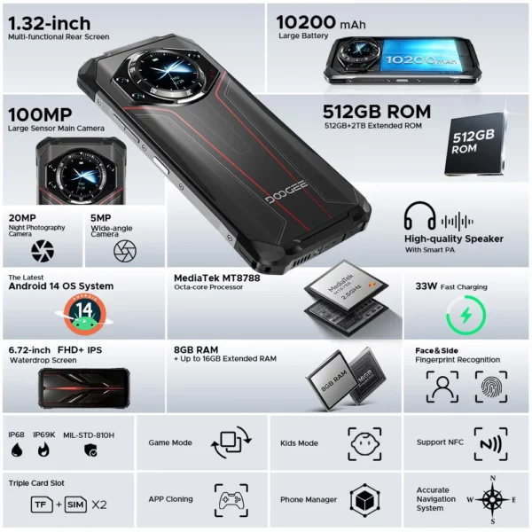 Doogee-Téléphone robuste S119, écran IPS FHD + 6.72 ", 8 Go, 512 Go, caméra principale AI 100MP, batterie 10200mAh, 33W, Android 14, NDavid, première mondiale – Image 2