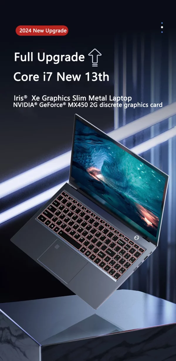 Ordinateur portable 15.6 pouces Intel I7-1355U NVIDIA MX450 clavier rétro-éclairé 32GB RAM 2 to SSD DDR4 Win11 déverrouillage par empreinte digitale ordinateur de jeu – Image 9