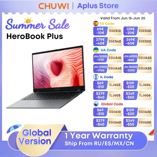 CHUWI-Ordinateur portable HeroPlePlus 15.6, Windows 11, Intel Celeron N4020, écran IPS FHD 2K, extension SSD 1 To, 8 Go de RAM, 256 Go