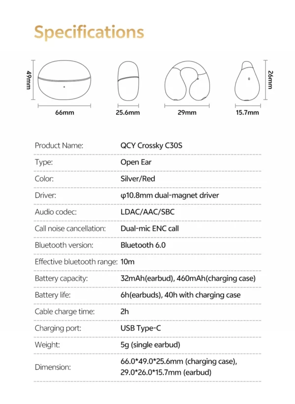 QCY Crossky C30S écouteurs sans fil à oreille ouverte haute résolution avec LDAC écouteurs à pince Bluetooth 6.0 Clip sur OWS casque de sport 40 heures – Image 43