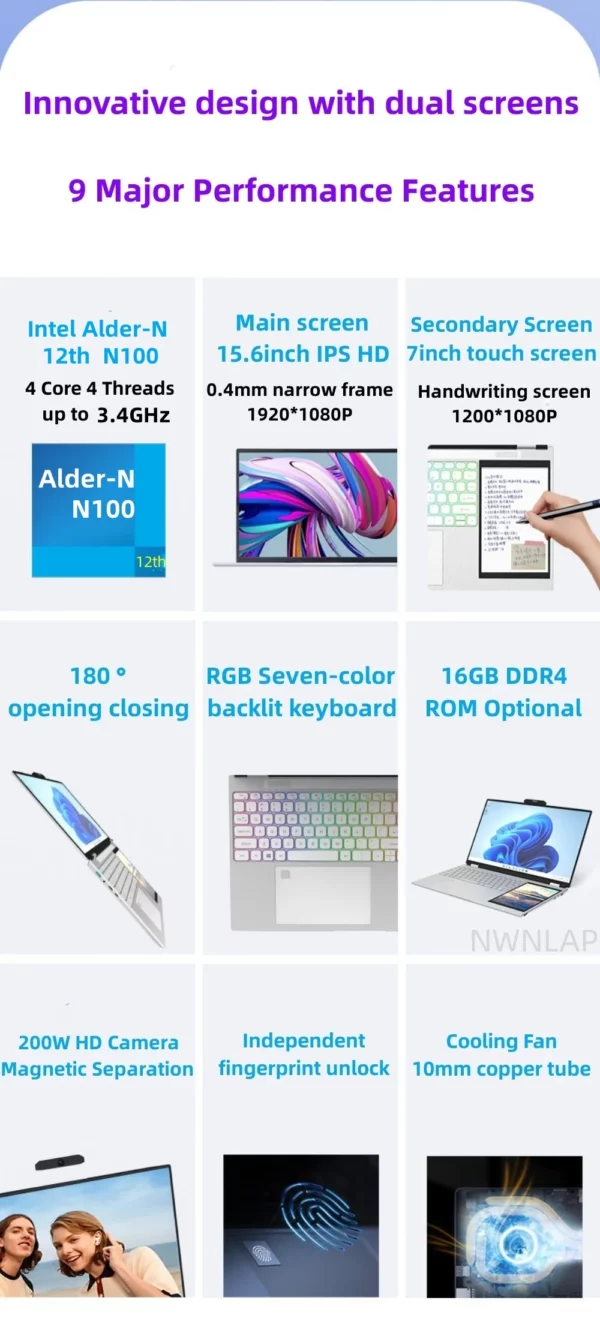 Ordinateur portable double écran 15.6 "IPS 2K écran étroit à quatre côtés 7" écran tactile IPS 32 Go Intel N100 CPU 4 cœurs 4 fils jusqu'à 3.4 GHz – Image 10