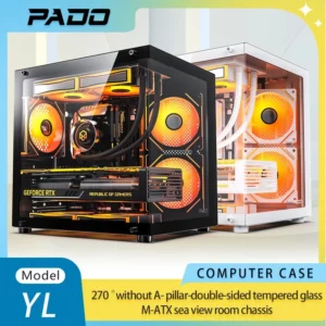 PADO YL M-ATX Boîtier PC de jeu pour ordinateur de bureau 270 °     Boîtier d'ordinateur pour salle de vue sur la mer, sans pilier A, cabine de joueur transparente Double face pour PC