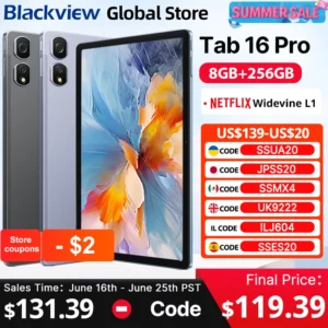 Tablette Blackview Tab 16 Pro  8 Go + 256 Go Écran 11'' FHD + Batterie 7700 mAh Android 14 Widevine L1 Unisoc T616 Tablette PC